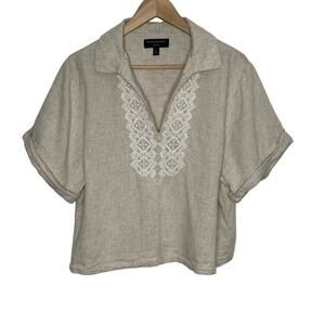 Banana Republic Womens Linen Blend Embroidered Top Large Beige White Neutral